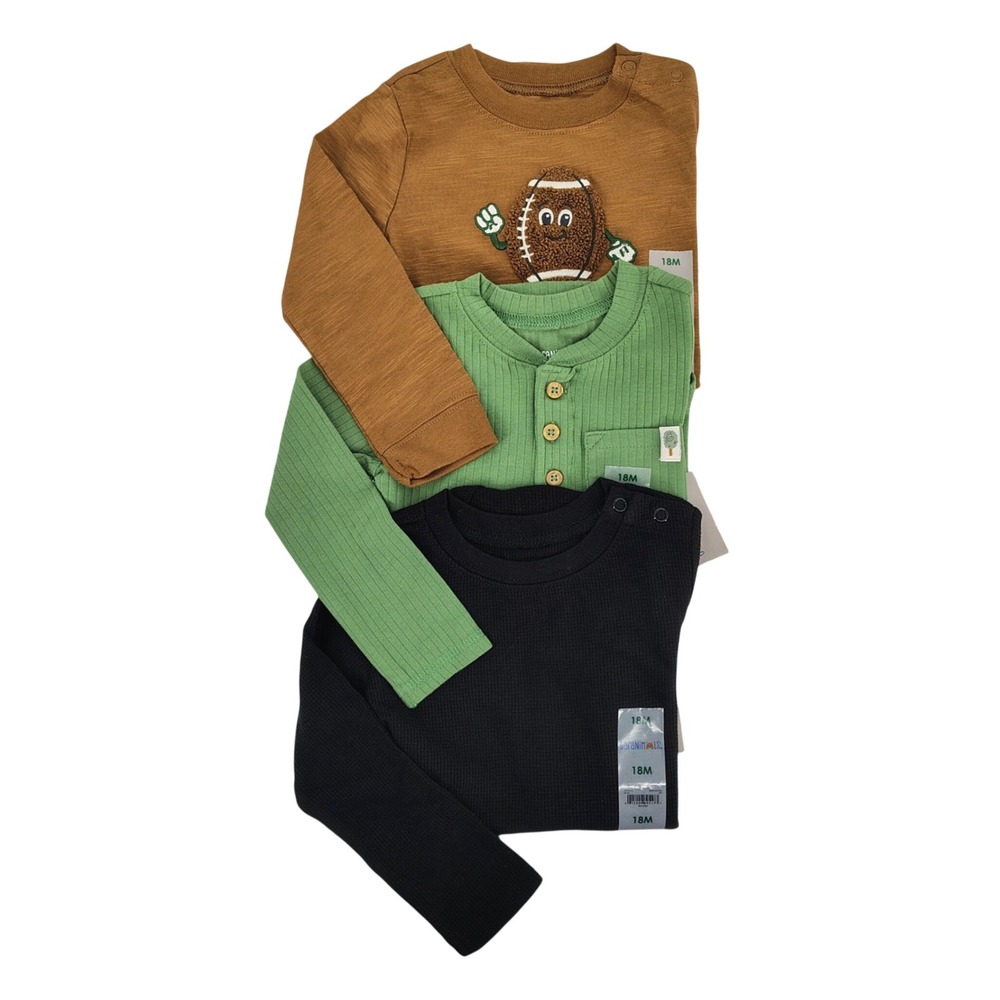 Garanimals Bodysuit Bundle Boys 18M Brown Black Green Football Henley 3‎ ct NEW